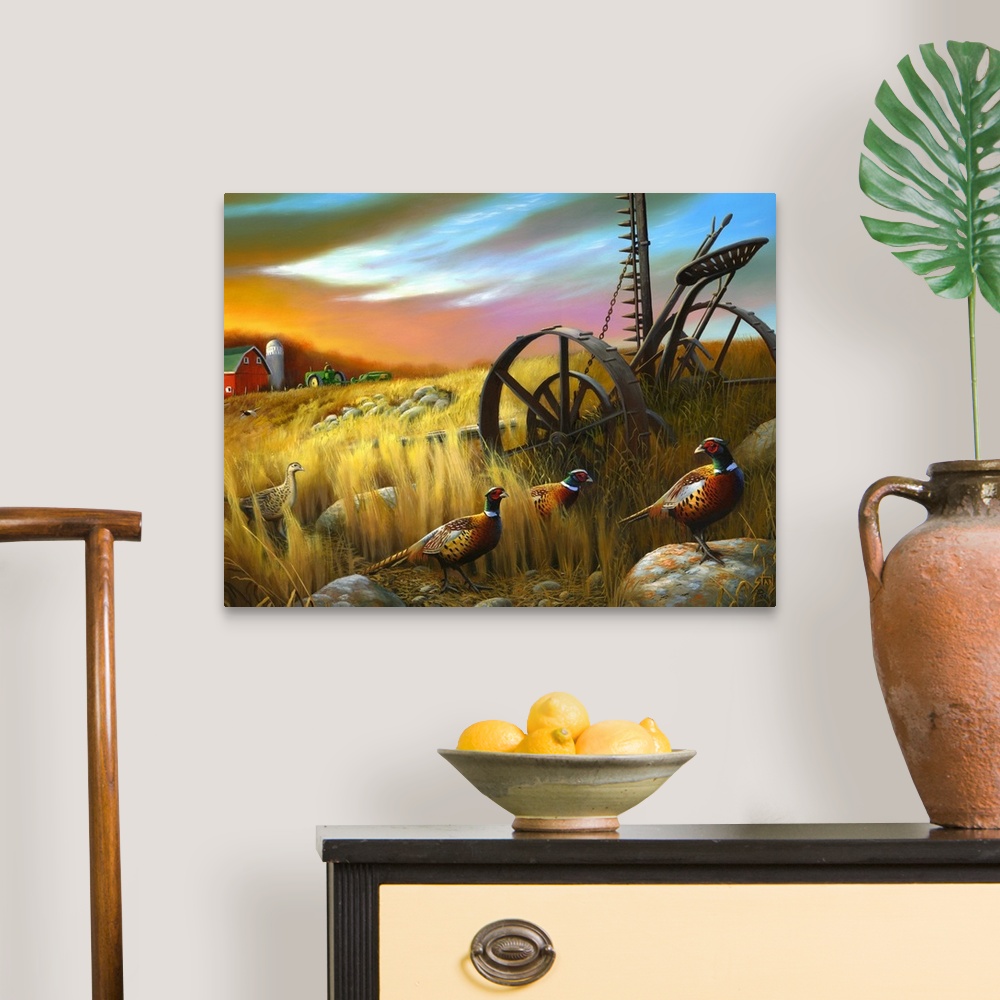 A traditional room featuring A piece of contemporary artwork of a farm with the barn and a tractor in the background and pheas...