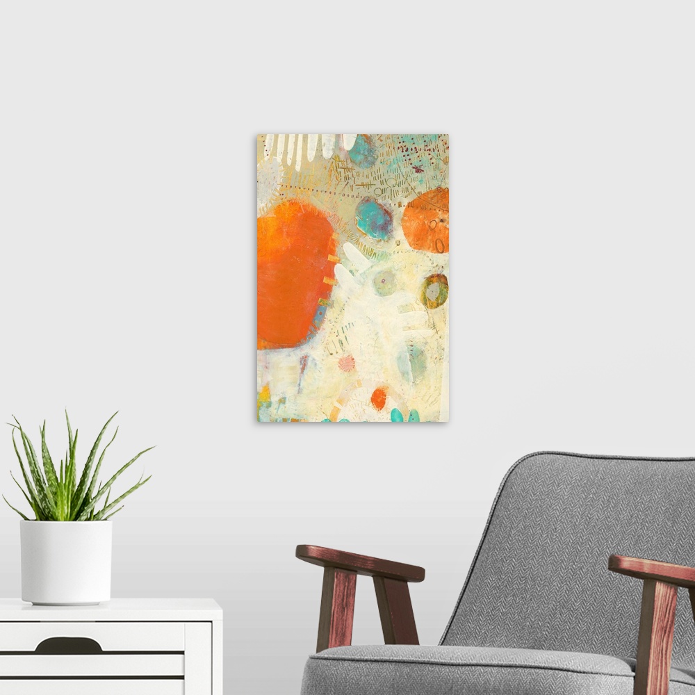 A modern room featuring Mod abstract artwork in bright orange, teal, and off-white.
