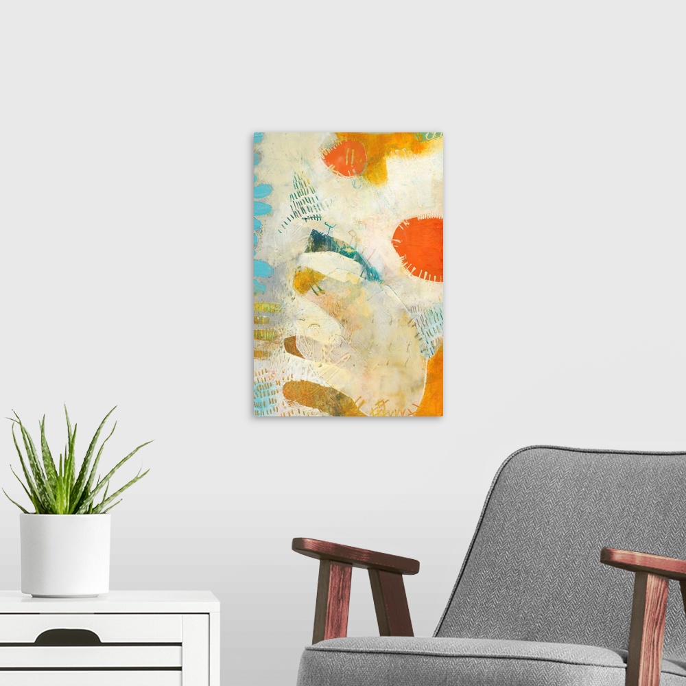 A modern room featuring Mod abstract artwork in bright orange, teal, and off-white.