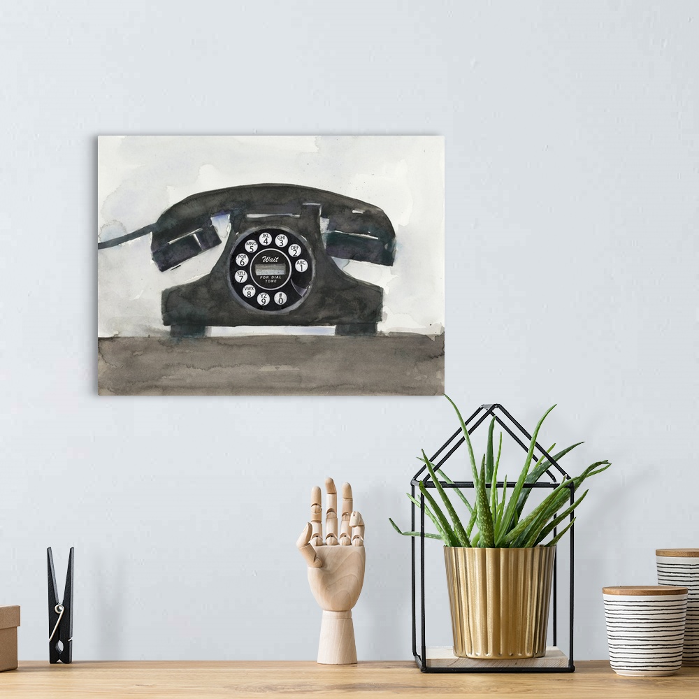 A bohemian room featuring Decorative painting of a black old telephone with a circular dial pad.