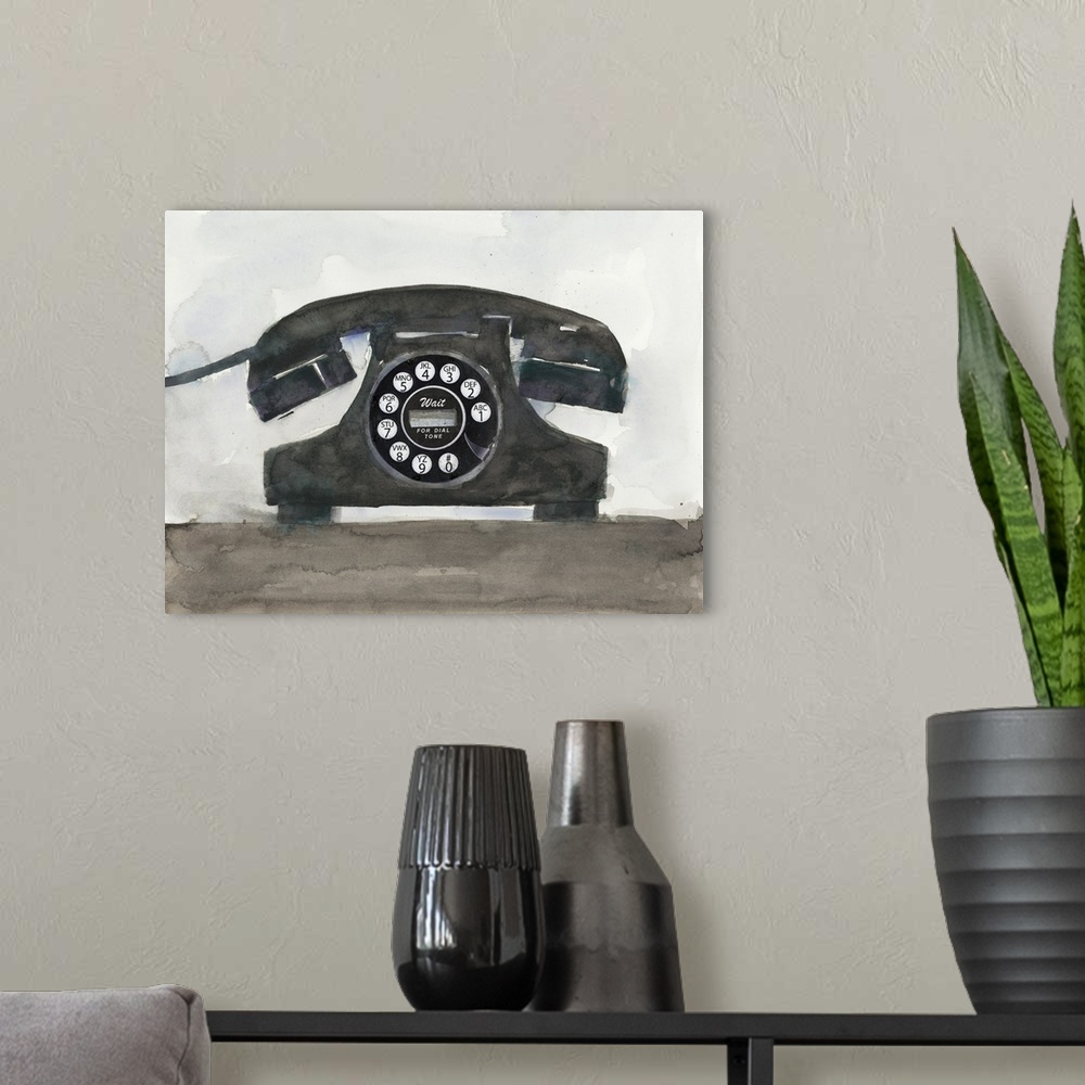 A modern room featuring Decorative painting of a black old telephone with a circular dial pad.