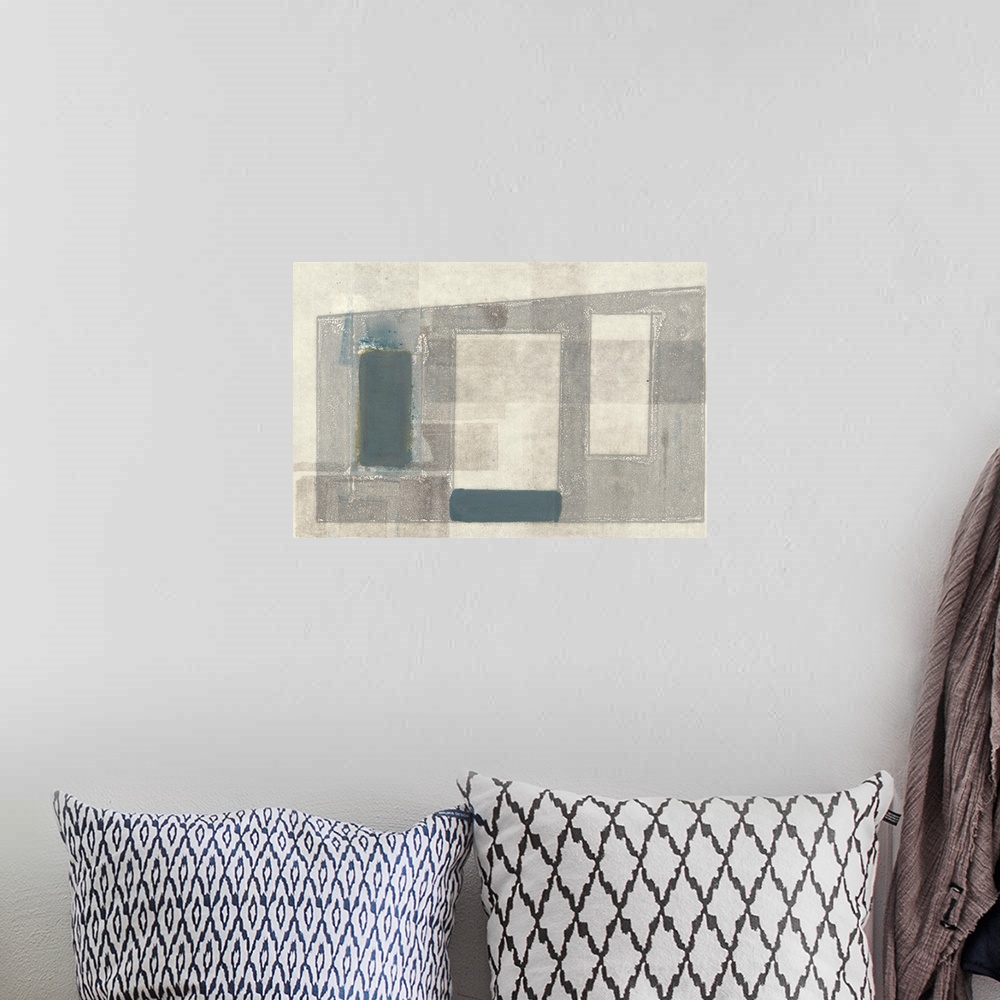 A bohemian room featuring This contemporary artwork features overlapping angular shapes with distressed textures.