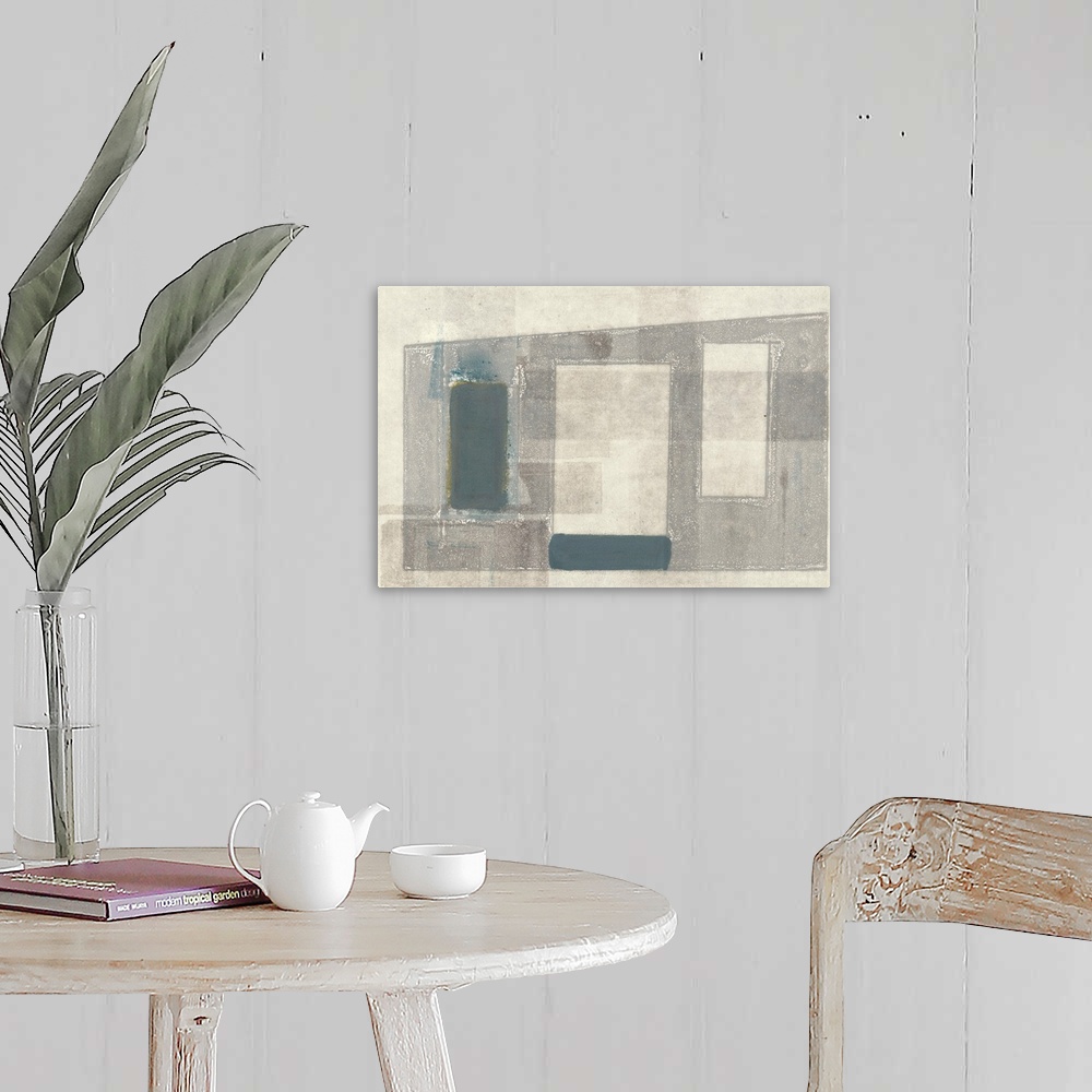 A farmhouse room featuring This contemporary artwork features overlapping angular shapes with distressed textures.