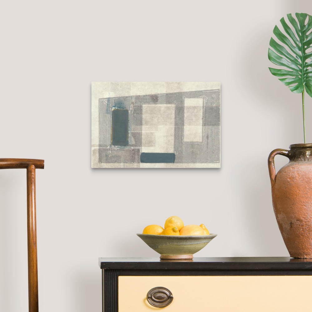 A traditional room featuring This contemporary artwork features overlapping angular shapes with distressed textures.
