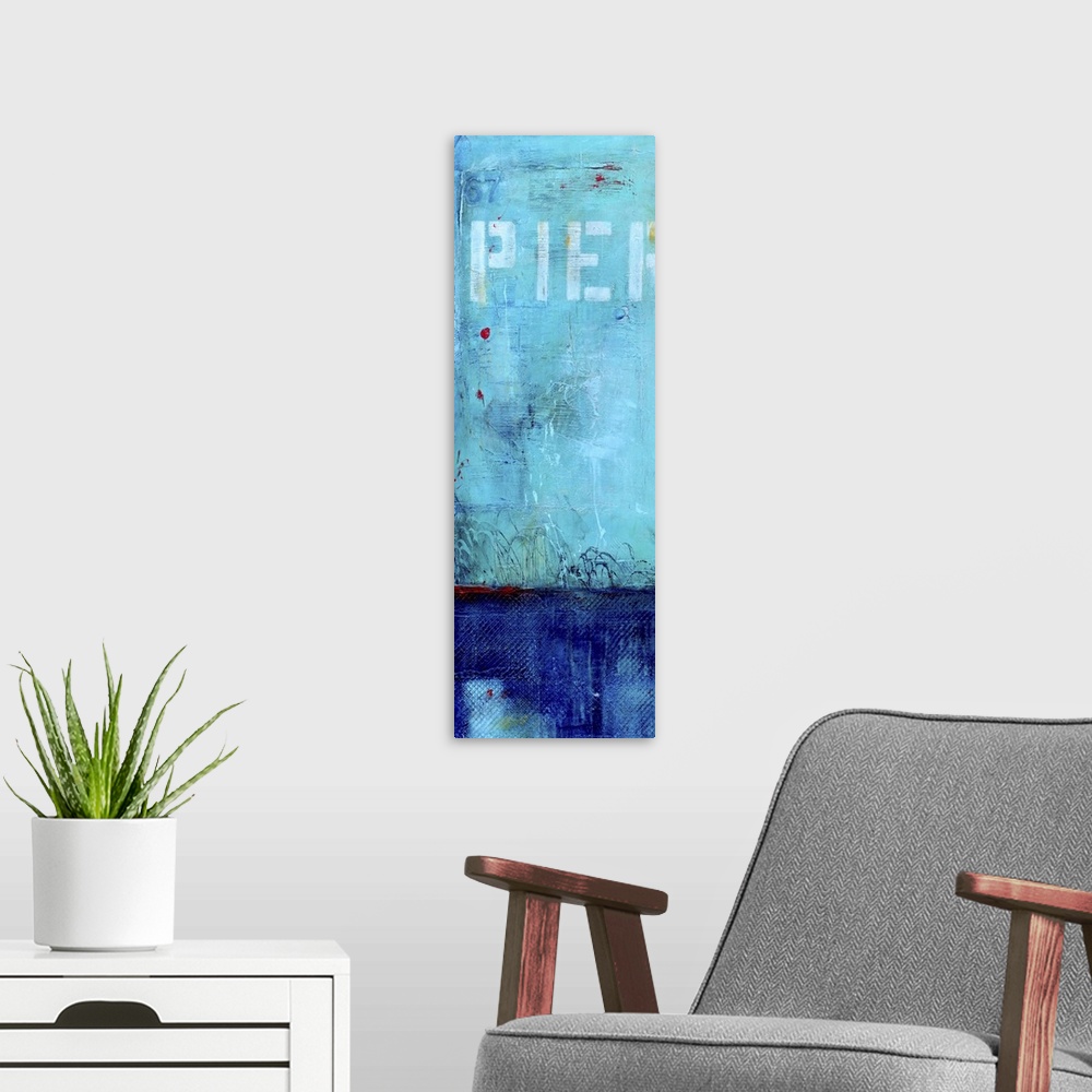 A modern room featuring Contemporary abstract painting using two vibrant blue tones contrasting one another with stencile...