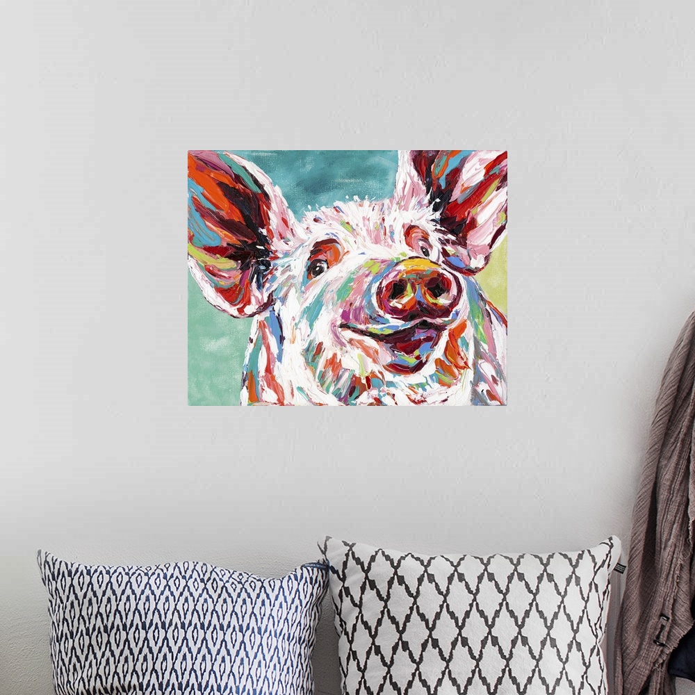 A bohemian room featuring Contemporary portrait of a cheerful pig in bright colors and highlights.