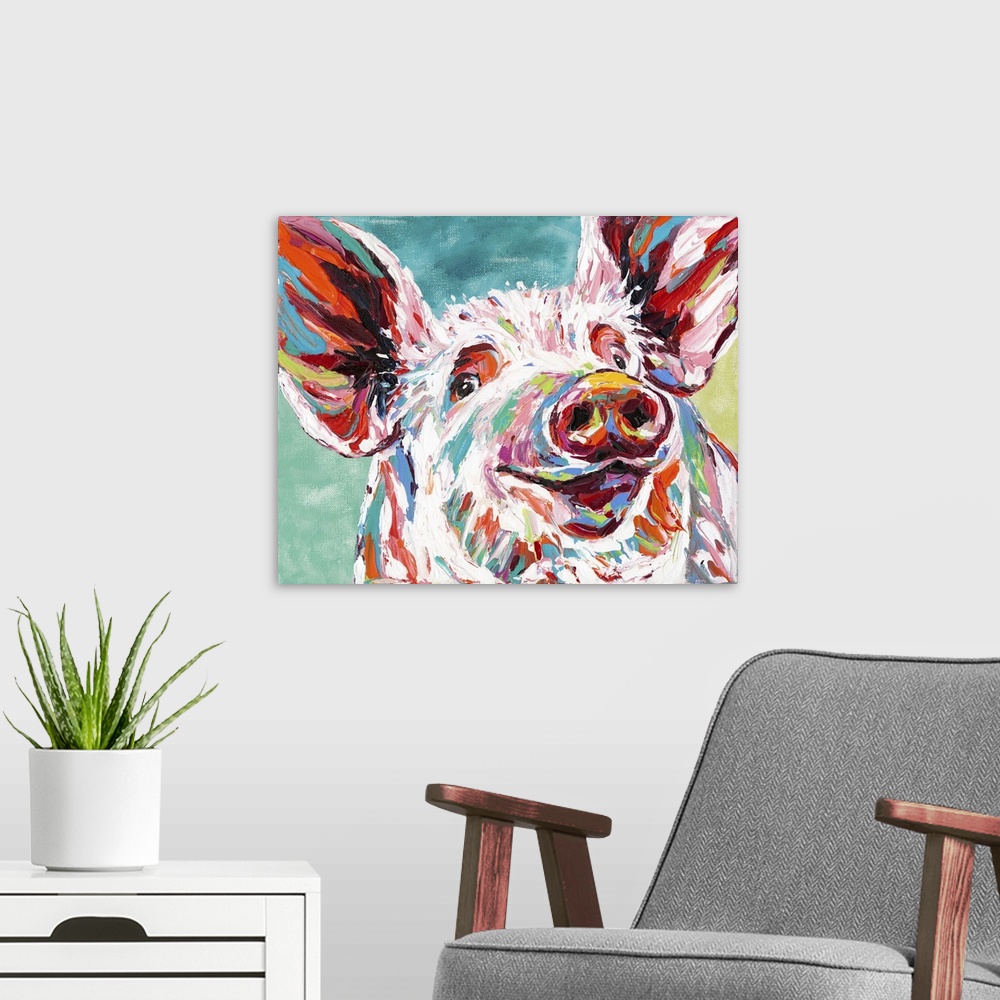 A modern room featuring Contemporary portrait of a cheerful pig in bright colors and highlights.