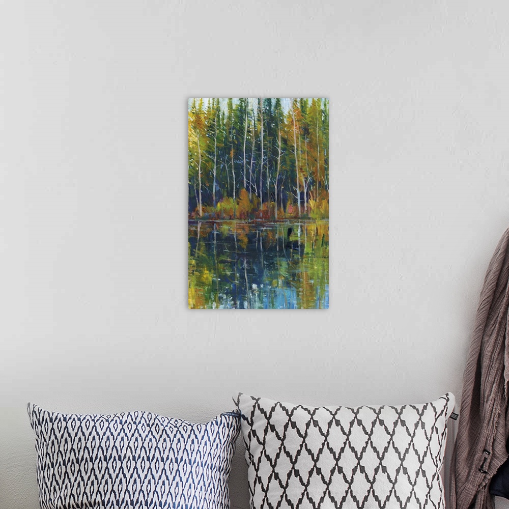 A bohemian room featuring Contemporary painting of a forest at the edge of a stream.