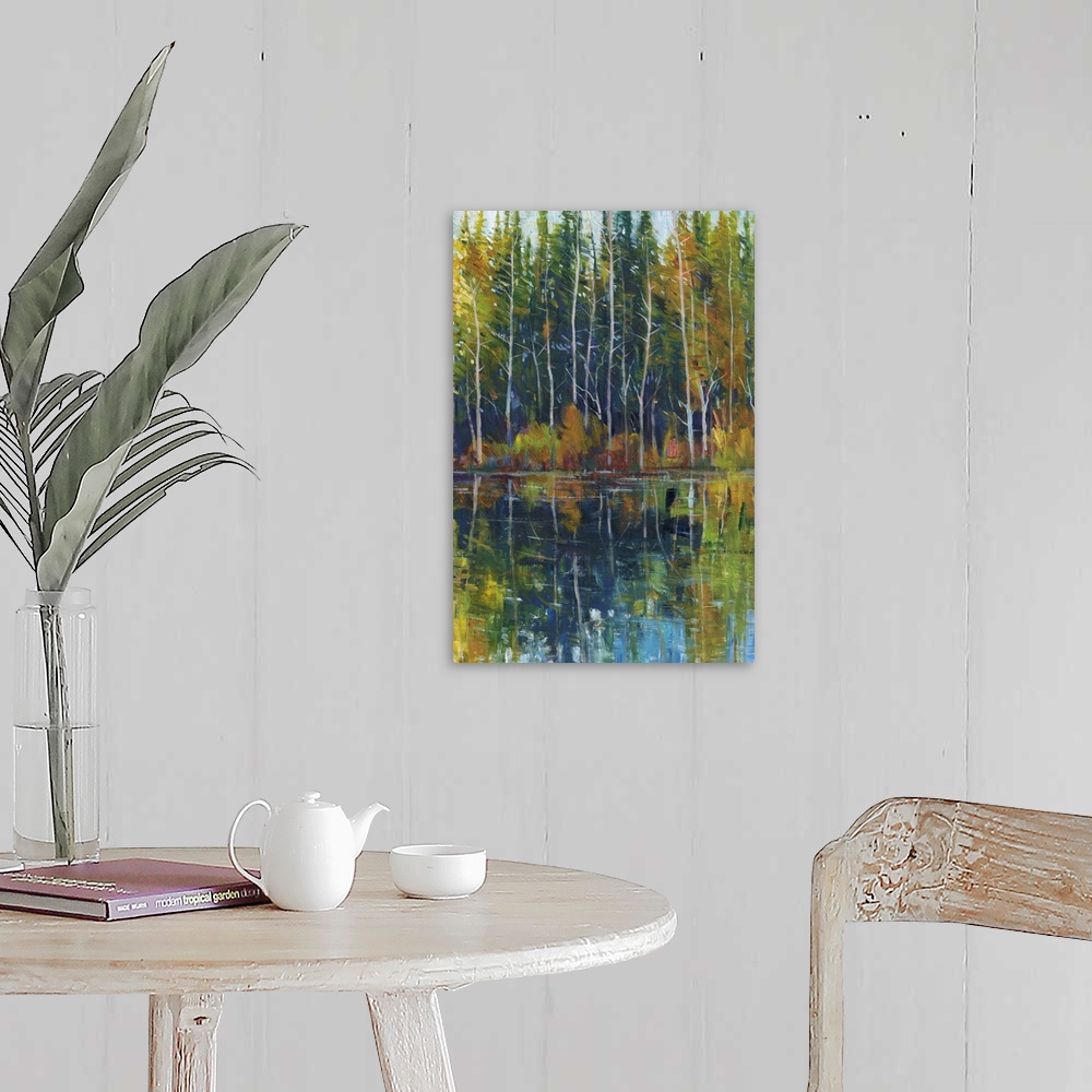 A farmhouse room featuring Contemporary painting of a forest at the edge of a stream.