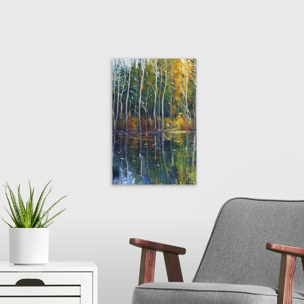 A modern room featuring Contemporary painting of a forest at the edge of a stream.