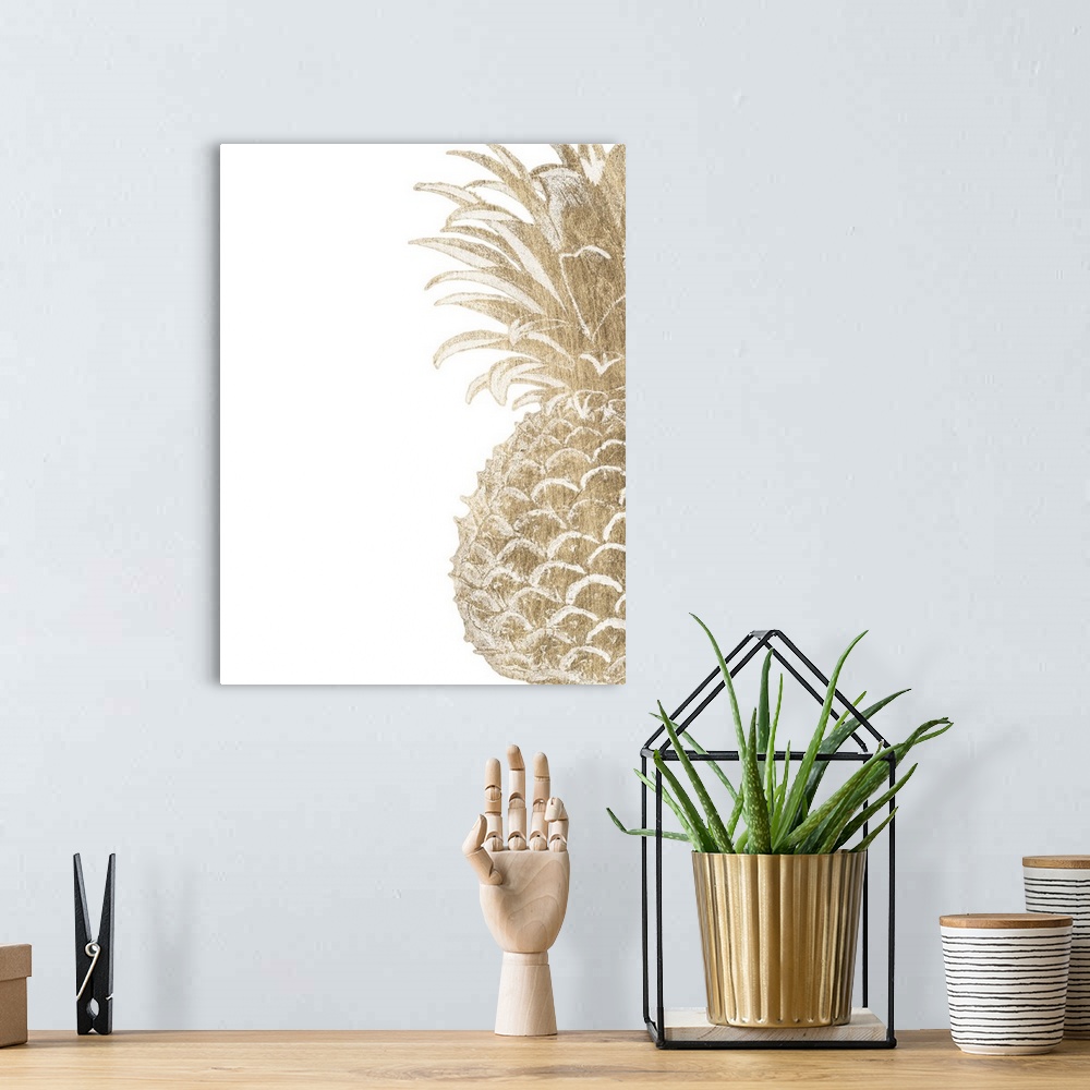 A bohemian room featuring Contemporary home decor artwork of a golden pineapple against a white background.