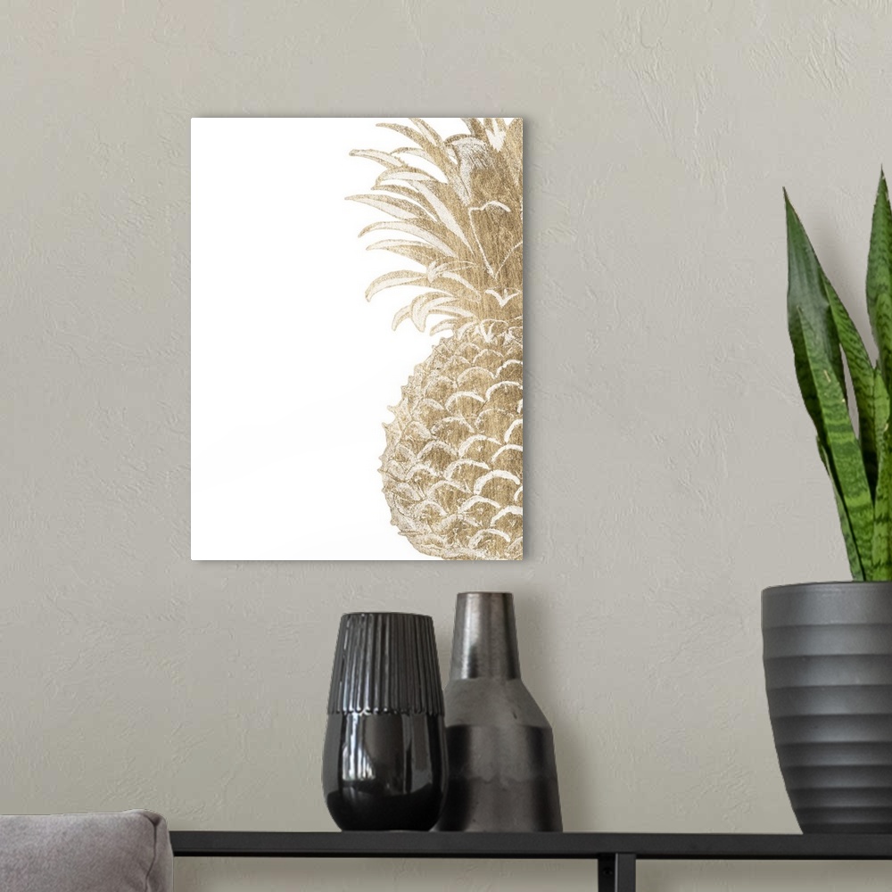 A modern room featuring Contemporary home decor artwork of a golden pineapple against a white background.