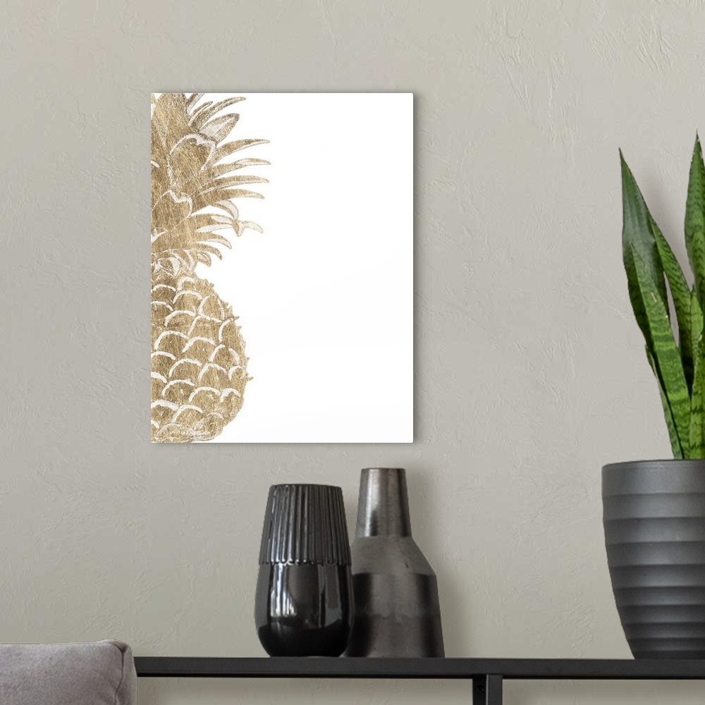 A modern room featuring Contemporary home decor artwork of a golden pineapple against a white background.