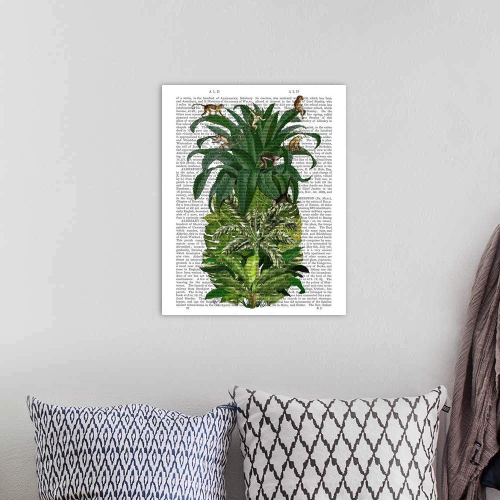 A bohemian room featuring Decorative art of the shape of a pineapple made out of tropical leaves with monkeys climbing all ...