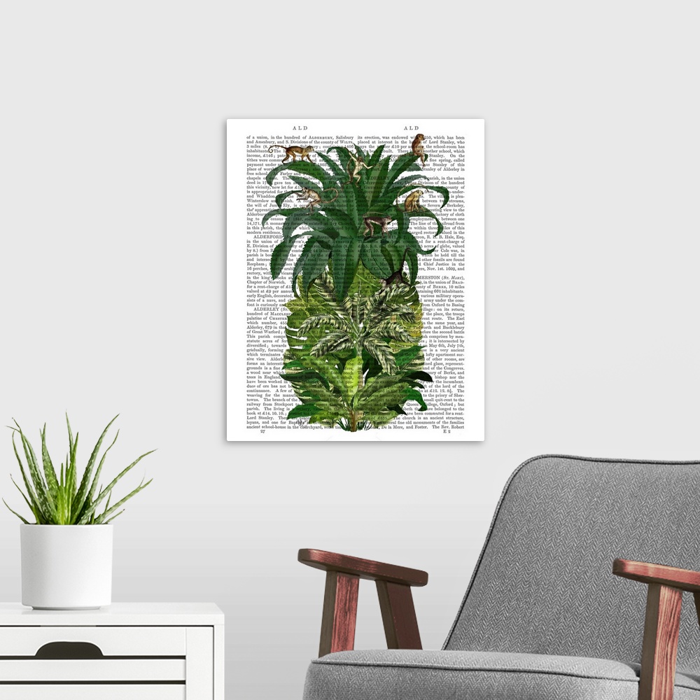 A modern room featuring Decorative art of the shape of a pineapple made out of tropical leaves with monkeys climbing all ...