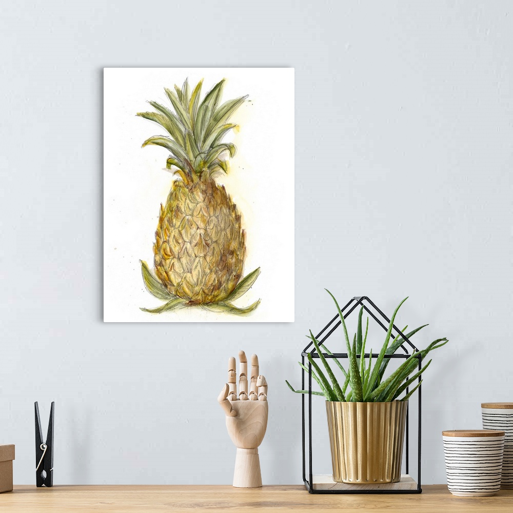 A bohemian room featuring Still life painting of a pineapple on a white background.