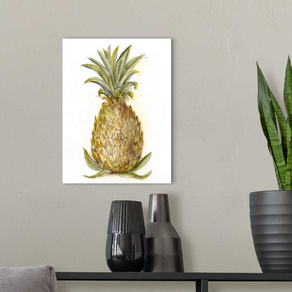 A modern room featuring Still life painting of a pineapple on a white background.