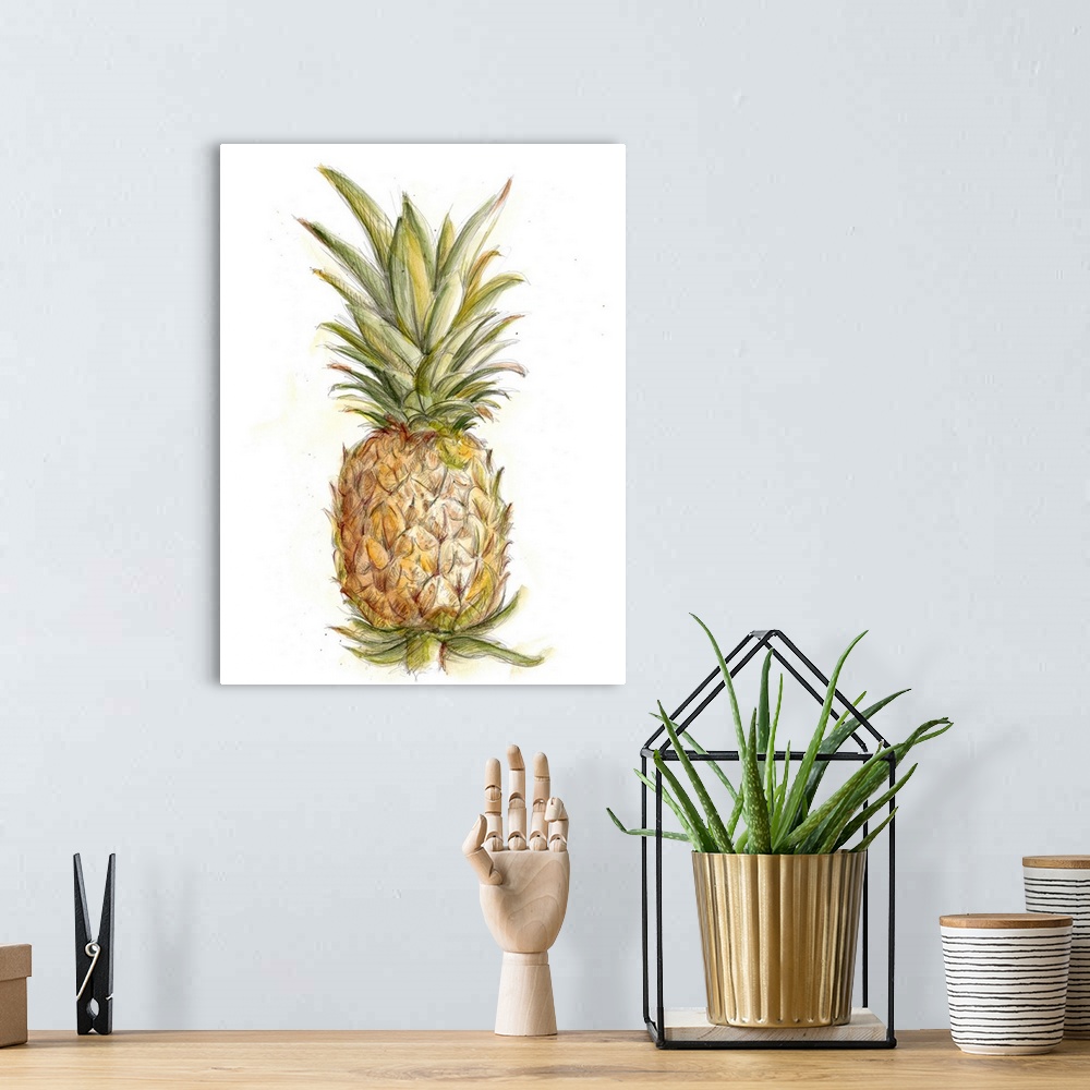 A bohemian room featuring Still life painting of a pineapple on a white background.