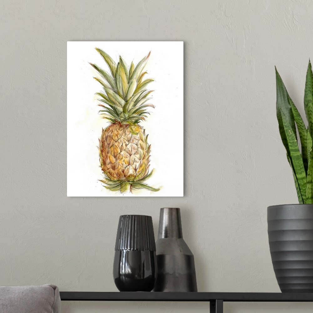 A modern room featuring Still life painting of a pineapple on a white background.