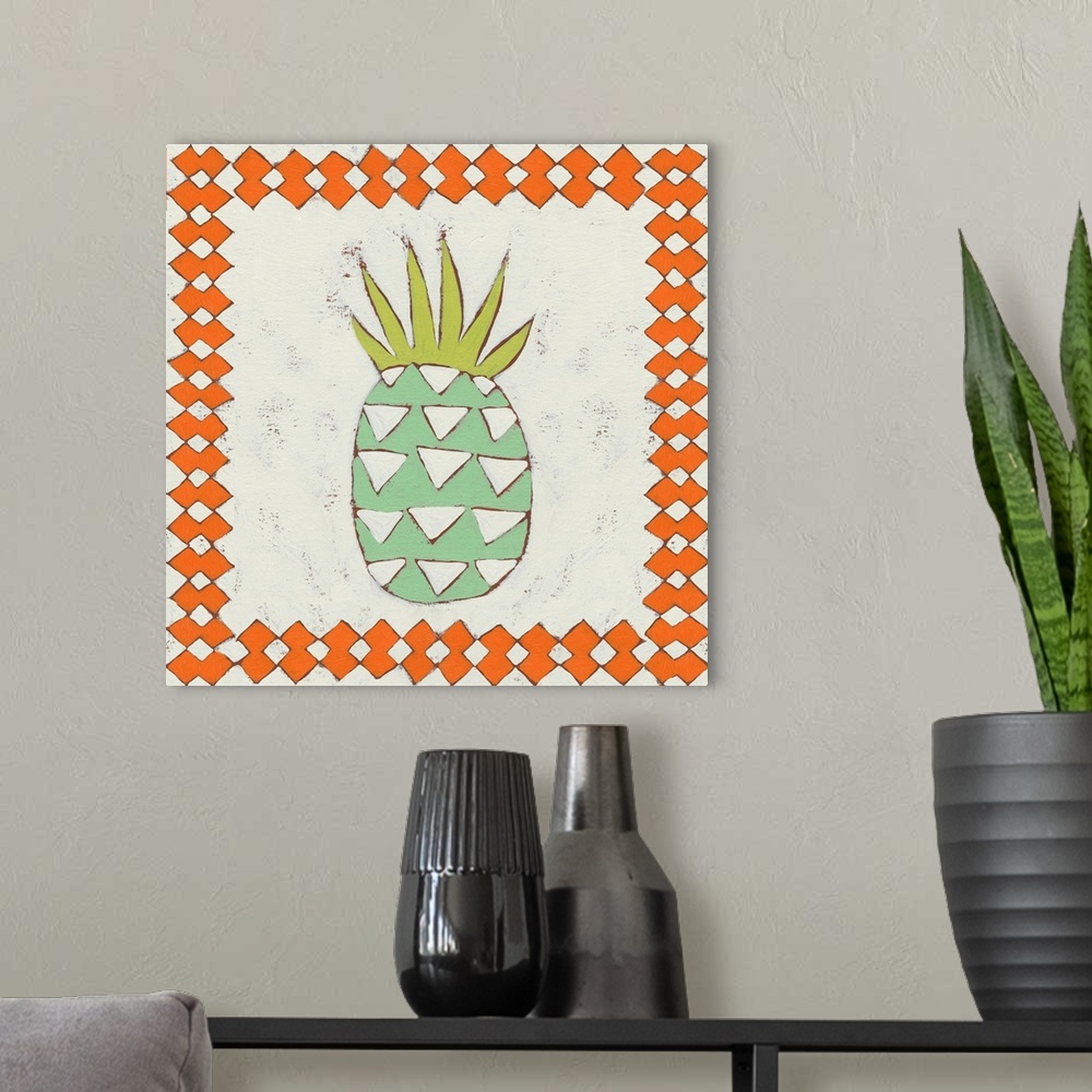 A modern room featuring Tropical decor with a fun pineapple motif.