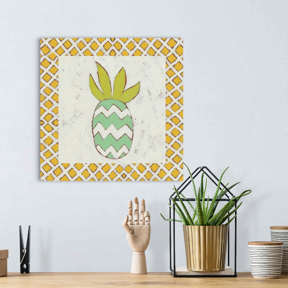 A bohemian room featuring Tropical decor with a fun pineapple motif.