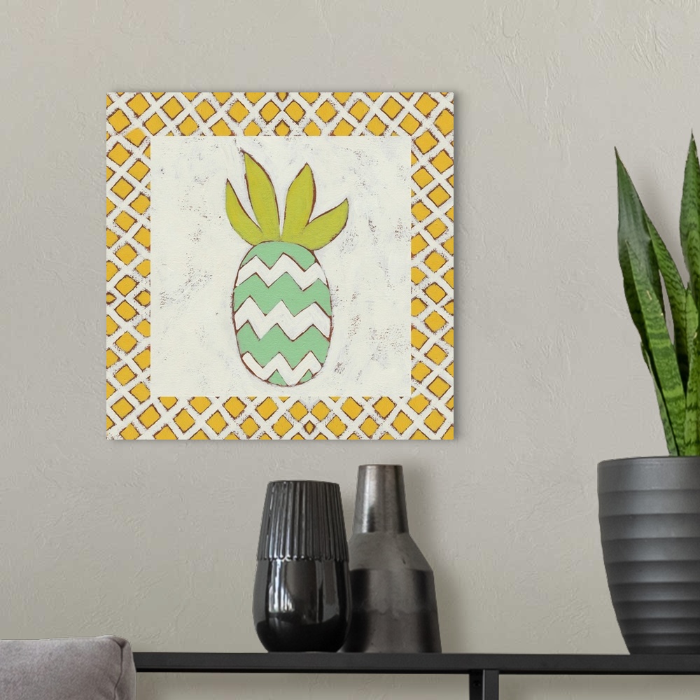 A modern room featuring Tropical decor with a fun pineapple motif.