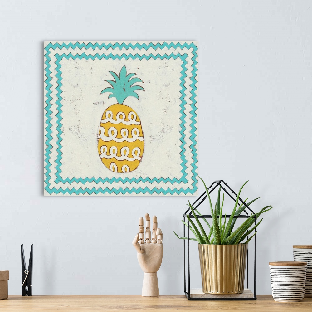 A bohemian room featuring Tropical decor with a fun pineapple motif.