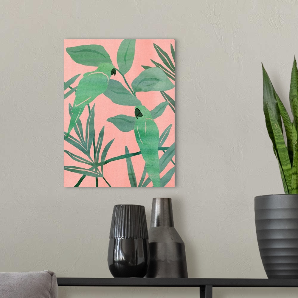 A modern room featuring Pink And Green Birds Of Paradise I