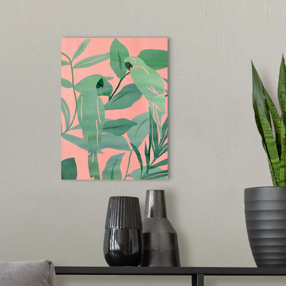 A modern room featuring Pink And Green Birds Of Paradise II