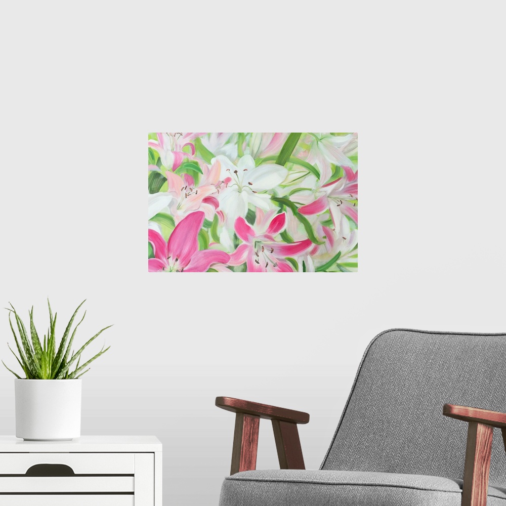 A modern room featuring Pink And White Lilies II