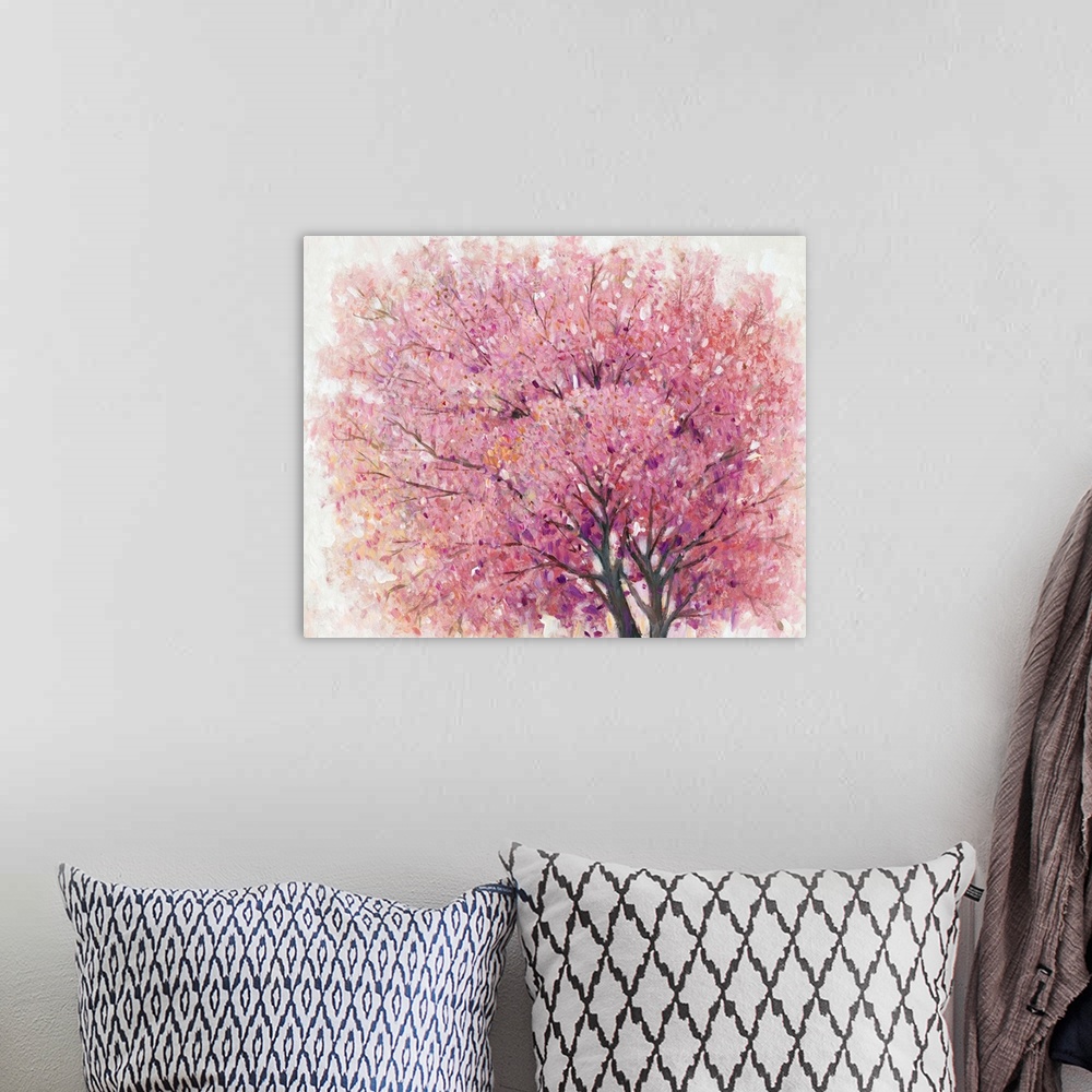 A bohemian room featuring Painting of a pink cherry blossom tree.
