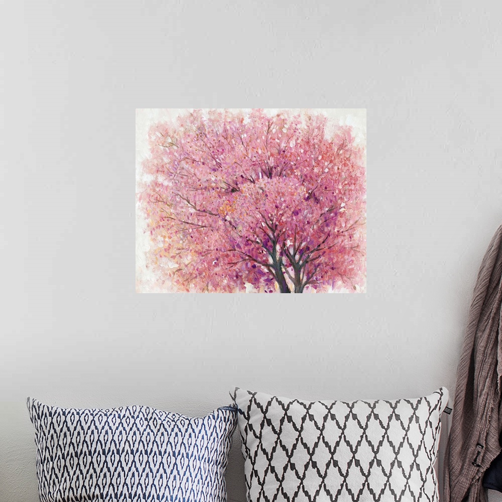 A bohemian room featuring Painting of a pink cherry blossom tree.