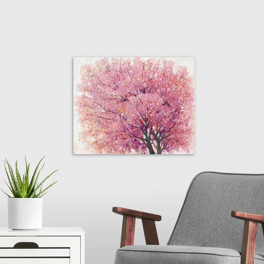 A modern room featuring Painting of a pink cherry blossom tree.