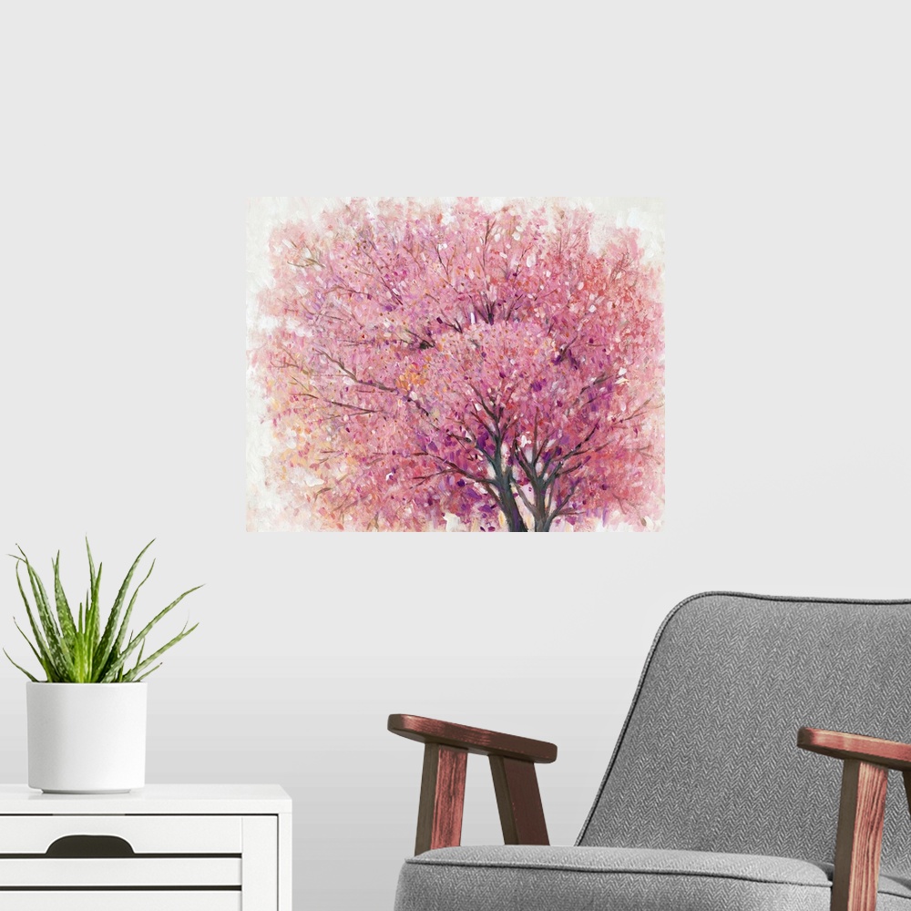 A modern room featuring Painting of a pink cherry blossom tree.