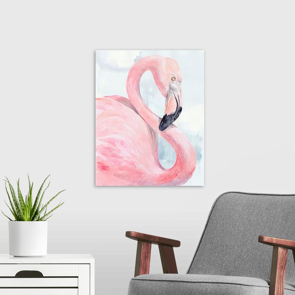 A modern room featuring Pink Flamingo Portrait I