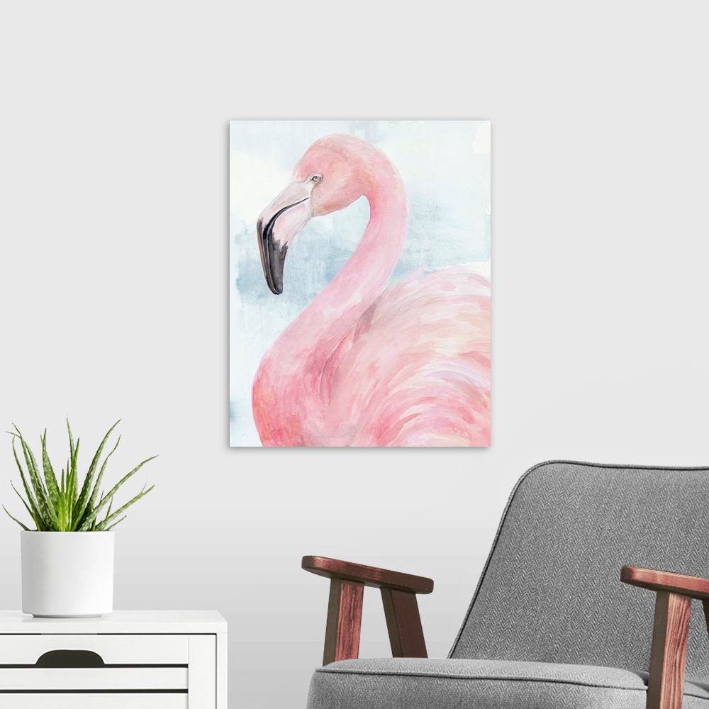 A modern room featuring Pink Flamingo Portrait II