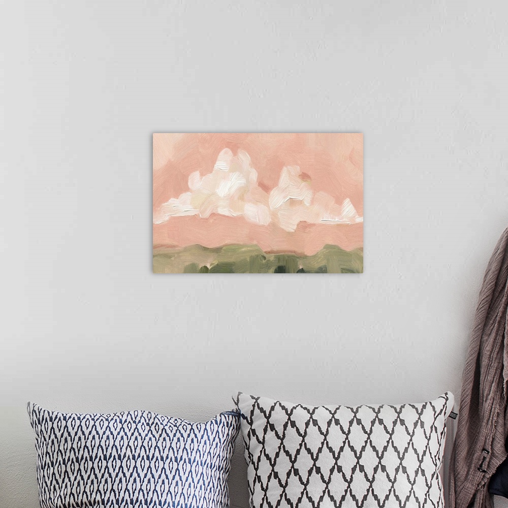 A bohemian room featuring Contemporary painting of bold, textured brush strokes of large white clouds in a pink sky over a ...