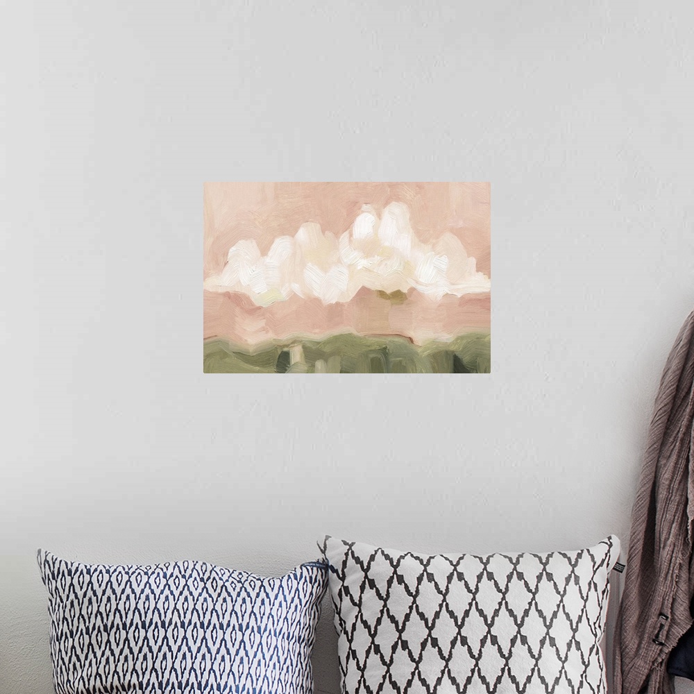 A bohemian room featuring Contemporary painting of bold, textured brush strokes of large white clouds in a pink sky over a ...