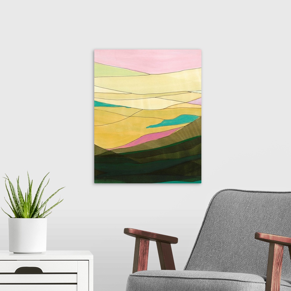 A modern room featuring Contemporary abstract painting resembling a mountainous valley made of different color sheets.