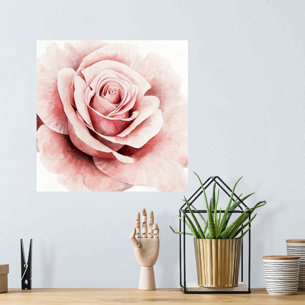 A bohemian room featuring Square watercolor painting of a pink rose.