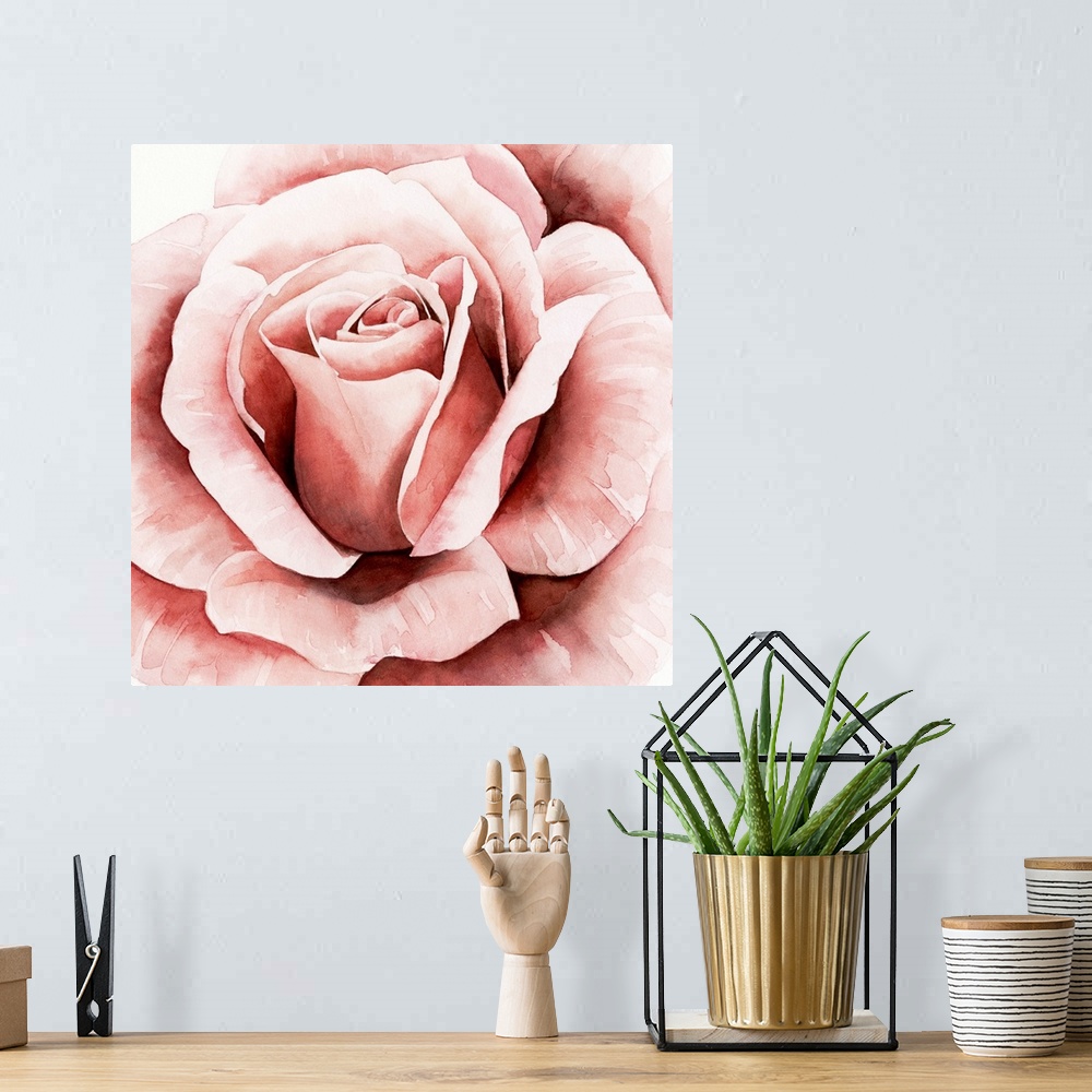 A bohemian room featuring Square watercolor painting of a pink rose.