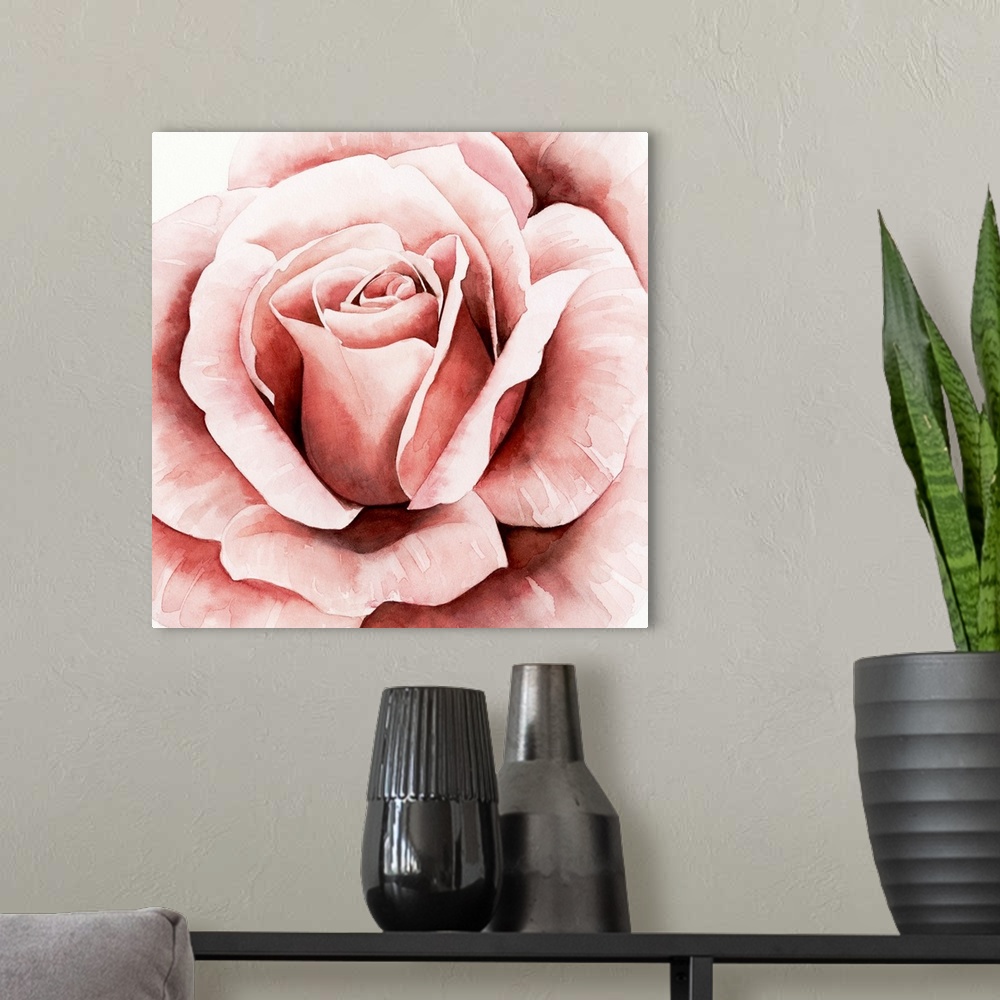 A modern room featuring Square watercolor painting of a pink rose.