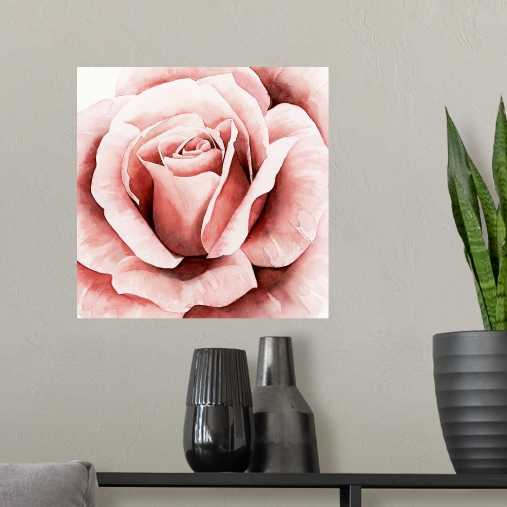 A modern room featuring Square watercolor painting of a pink rose.