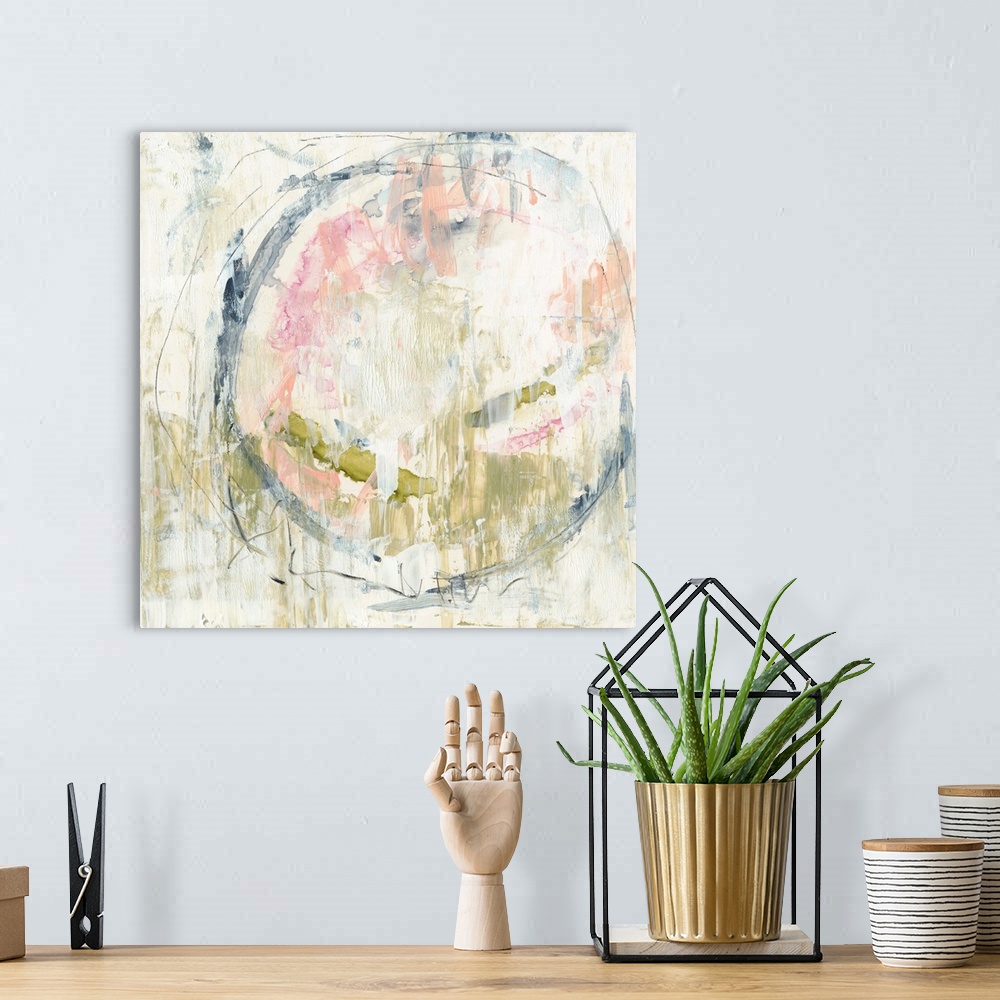 A bohemian room featuring Abstract artwork of mossy green and pale pink and blue in a round, organic shape.