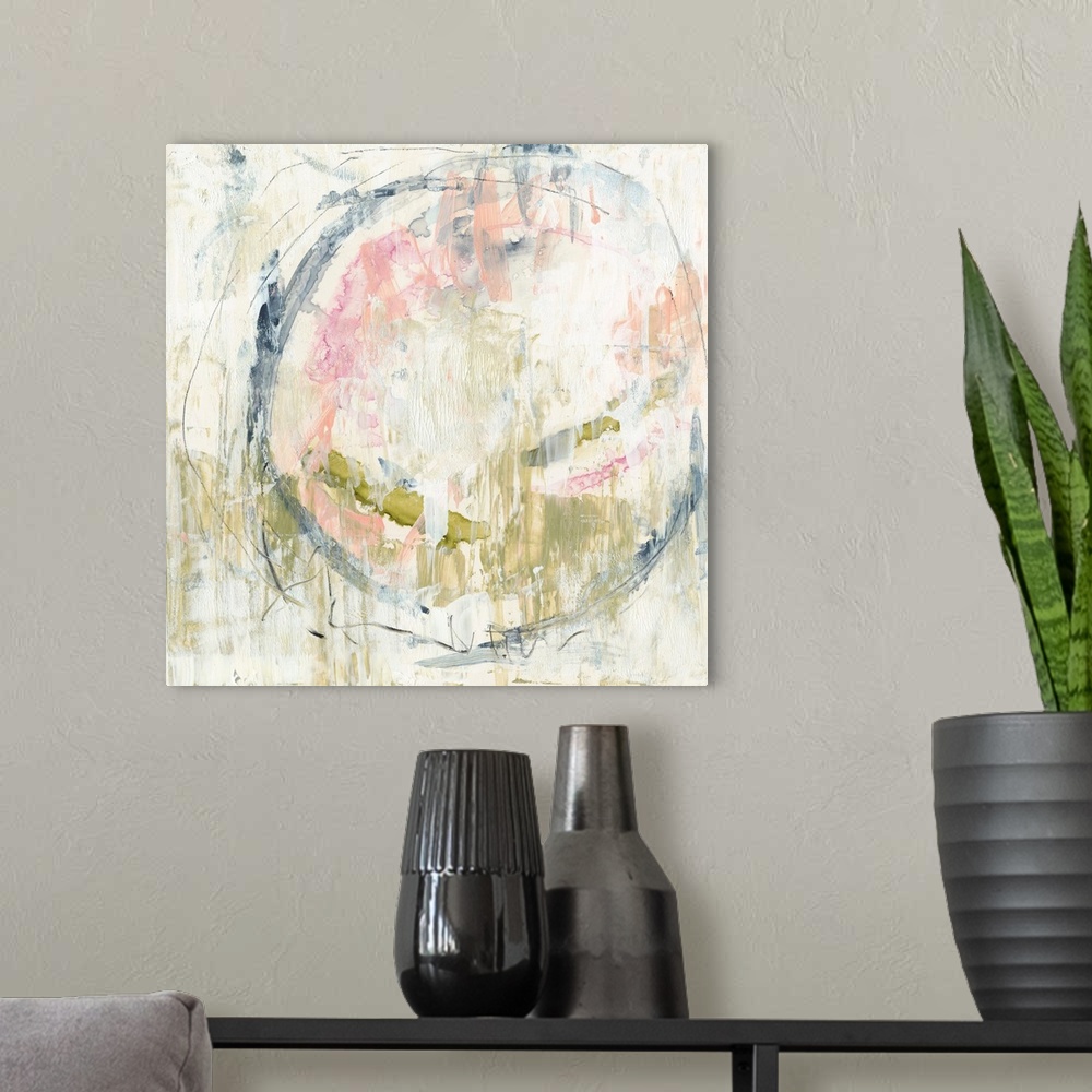 A modern room featuring Abstract artwork of mossy green and pale pink and blue in a round, organic shape.