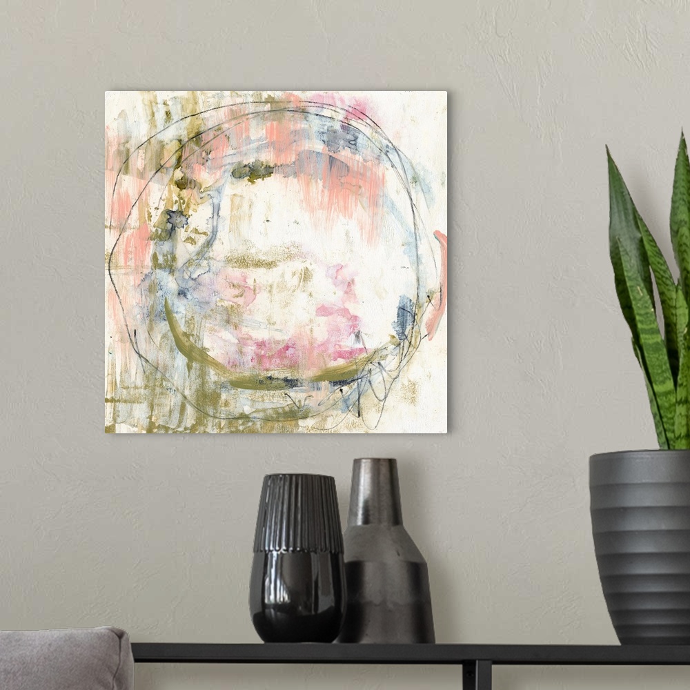 A modern room featuring Abstract artwork of mossy green and pale pink and blue in a round, organic shape.