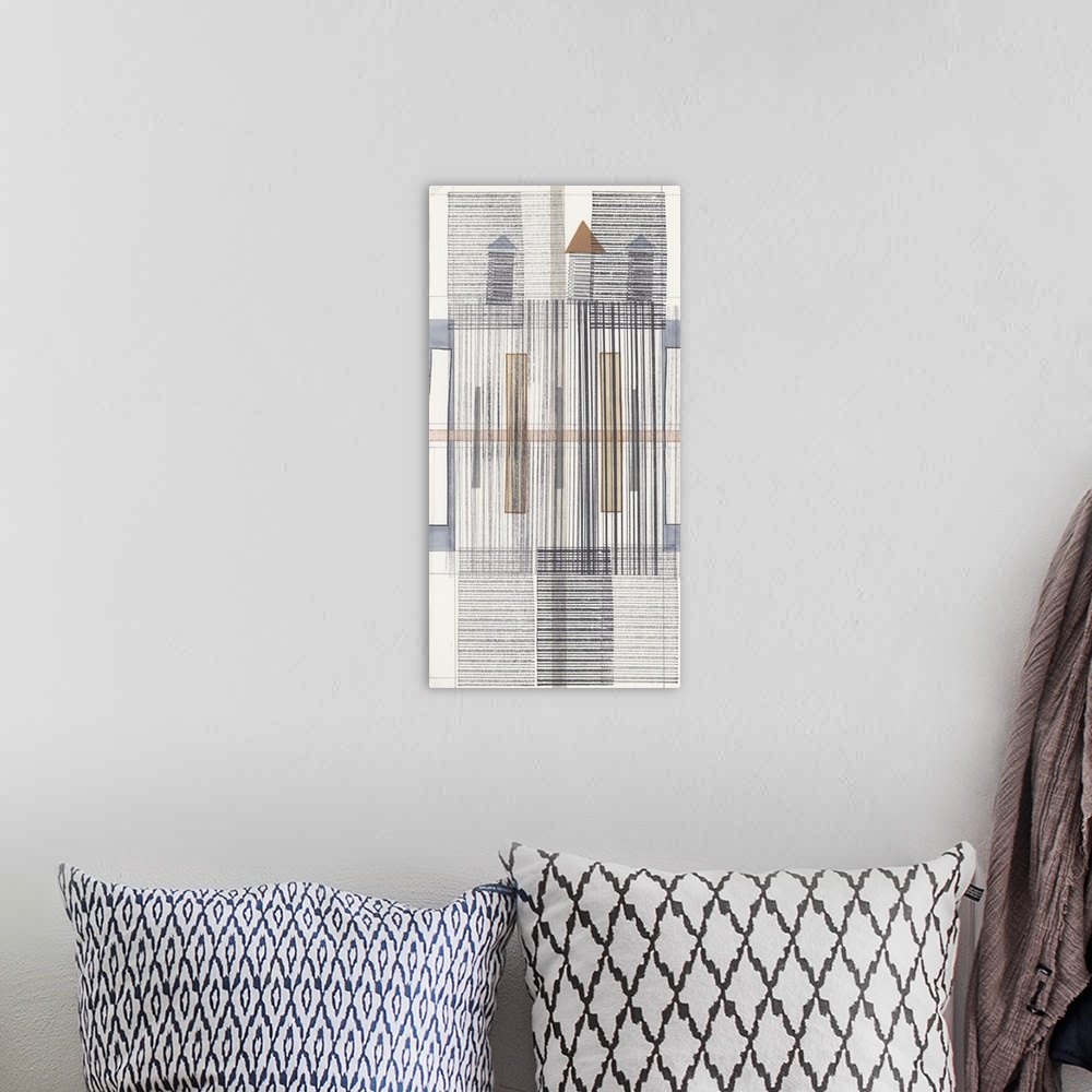 A bohemian room featuring Geometric abstract artwork in grey of sketched grid-lines and rectangular shapes.