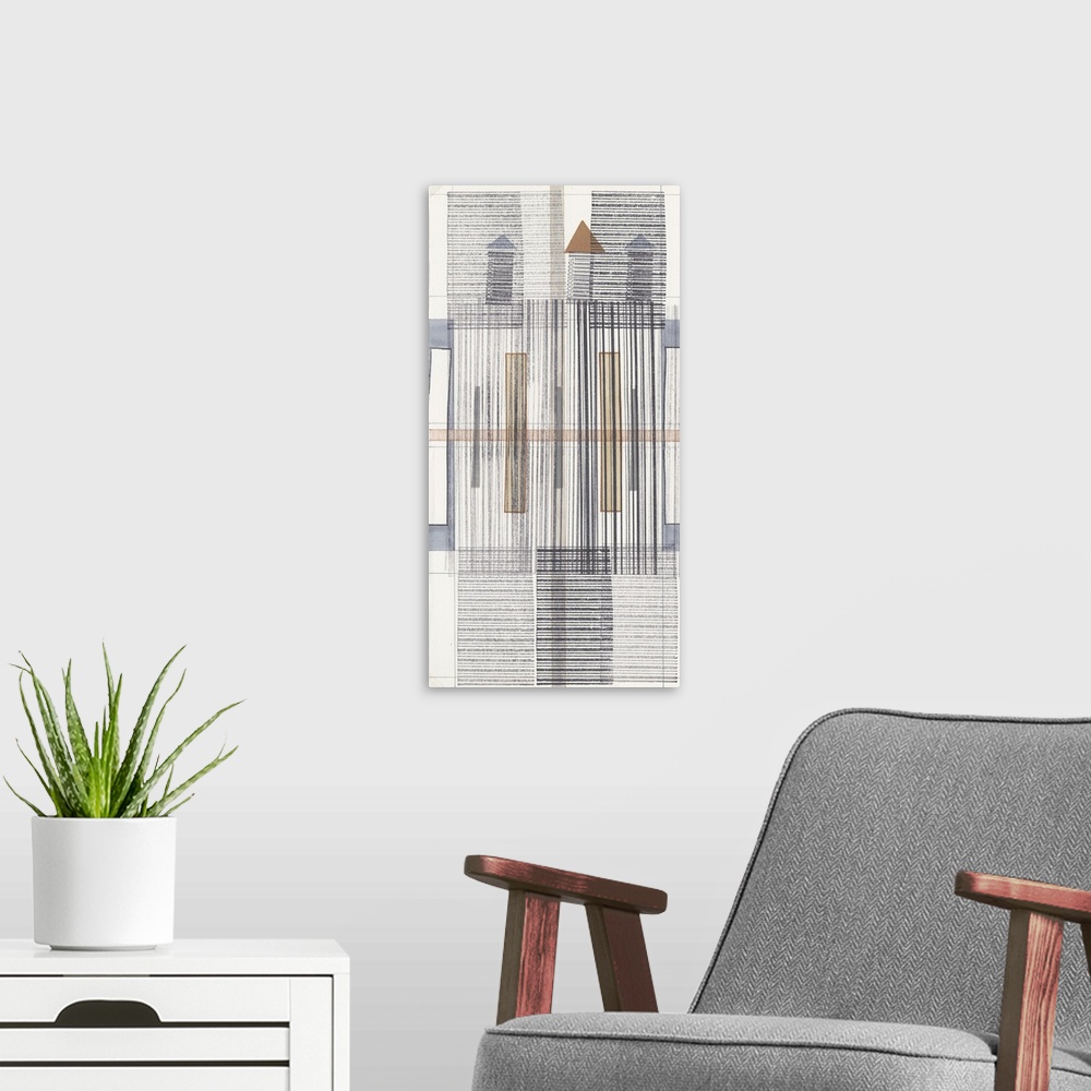 A modern room featuring Geometric abstract artwork in grey of sketched grid-lines and rectangular shapes.