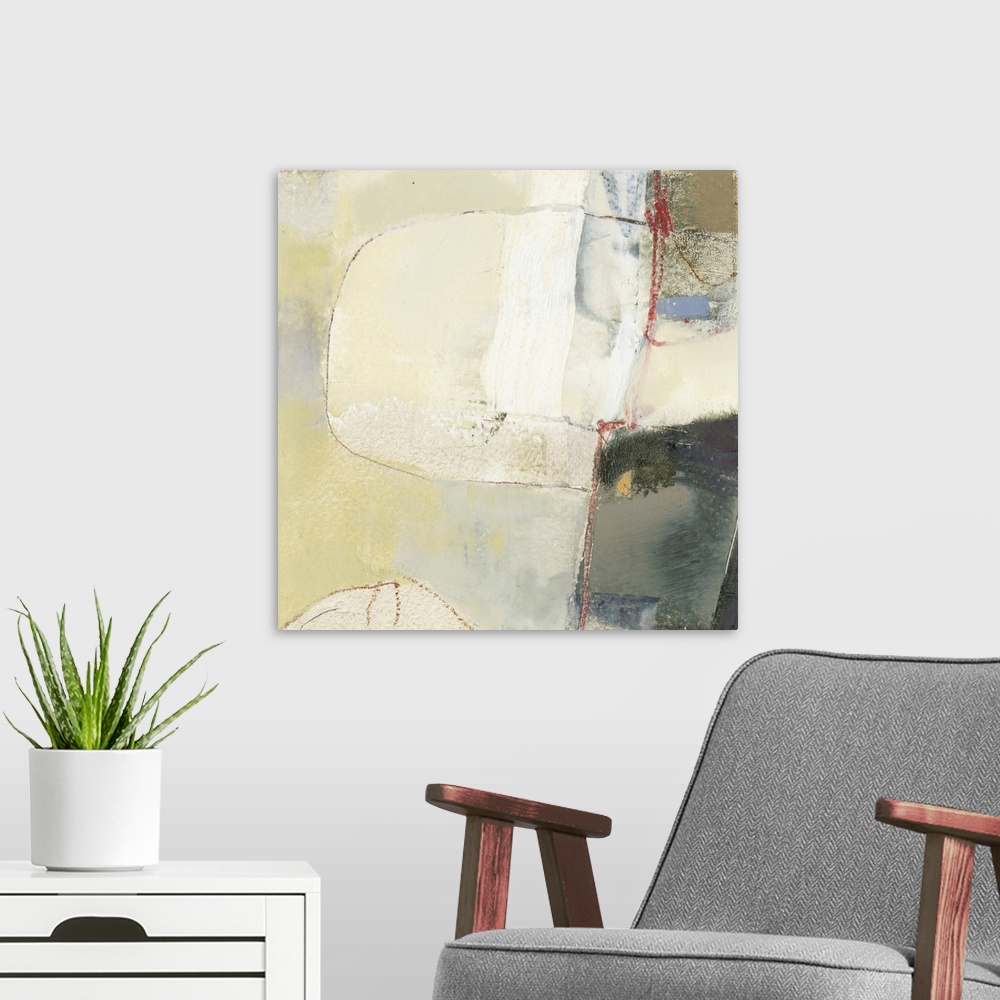 A modern room featuring Square abstract painting in neutral tones with curved lines and red accents.