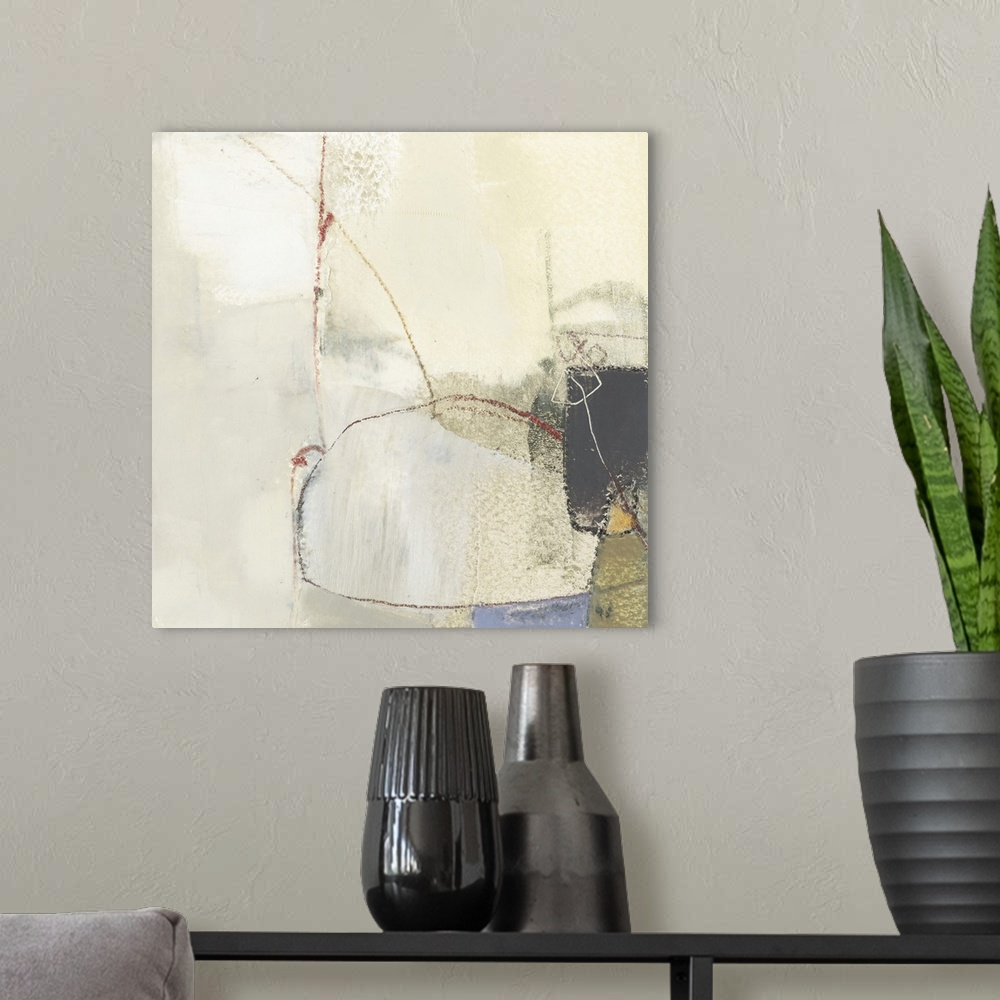 A modern room featuring Square abstract painting in neutral tones with curved lines and red accents.